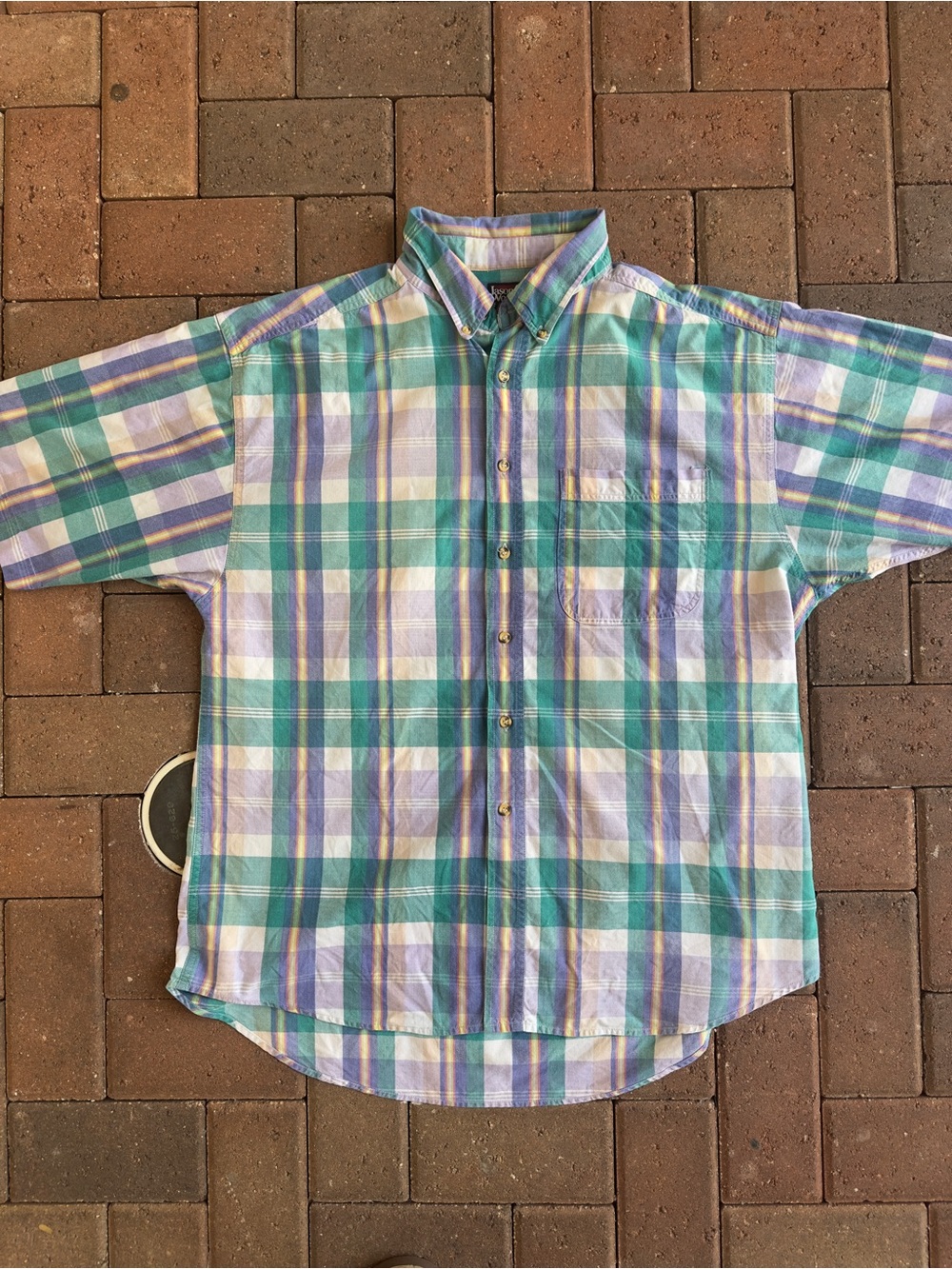 Vintage 80s/90s Jason & Wooley Short-Sleeve Plaid Button-Down Shirt-Green Blue